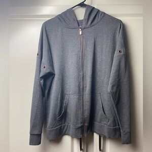 Adrienne Vittadini, L, zip up sweater with hood,gray, gold hardware,no hood cord